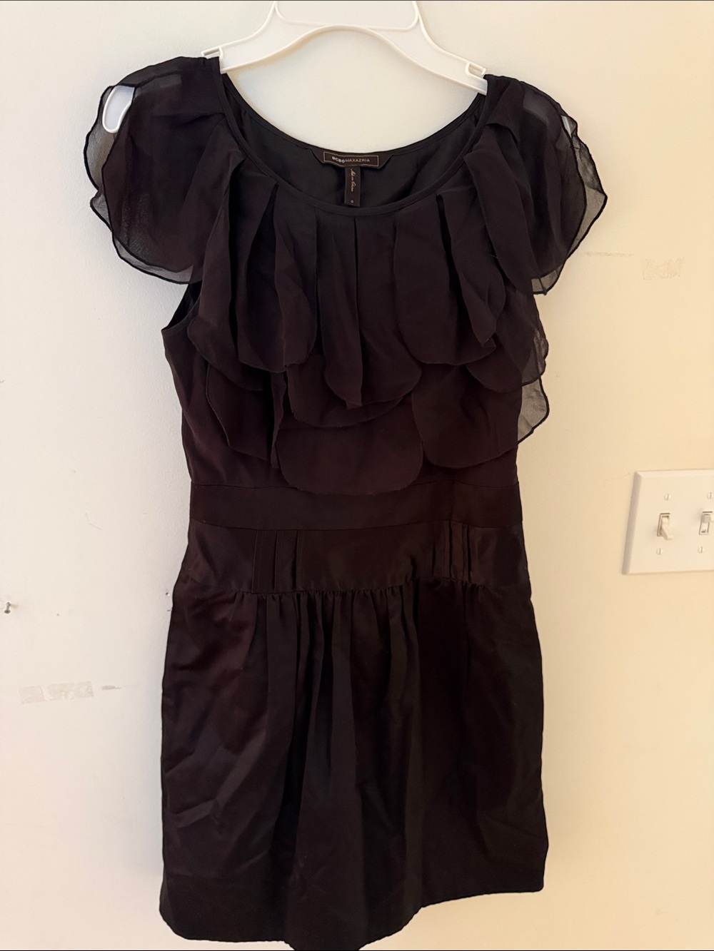 BCBGMaxAzria Black Sheer Ruffle Cap-Sleeve Mini Dress